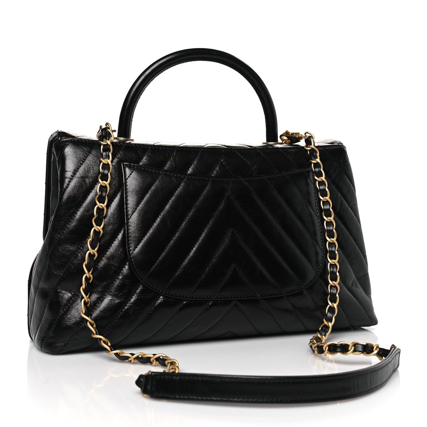 Aged Calfskin Chevron Quilted Large Coco Handle Flap Black