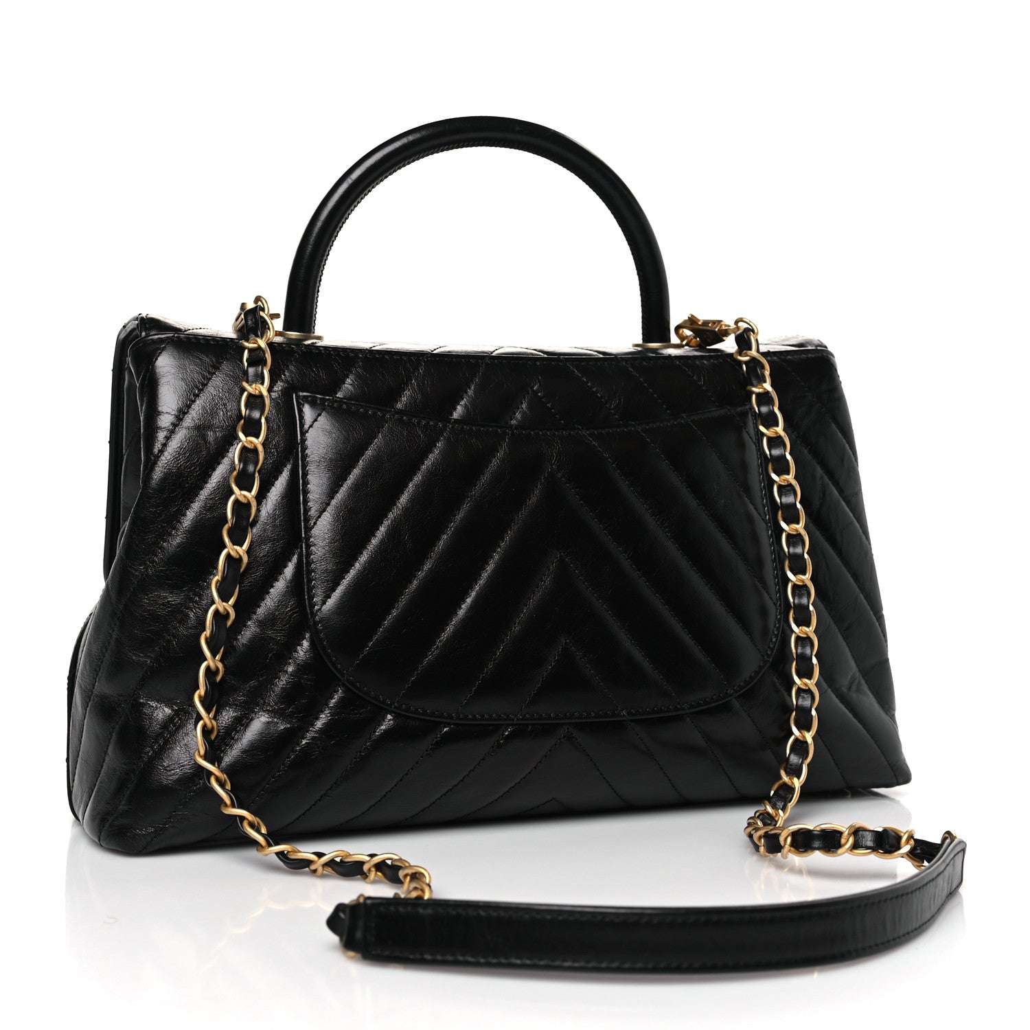 Chanel Aged Calfskin Chevron Quilted Large Coco Handle Flap Black 3 of 9