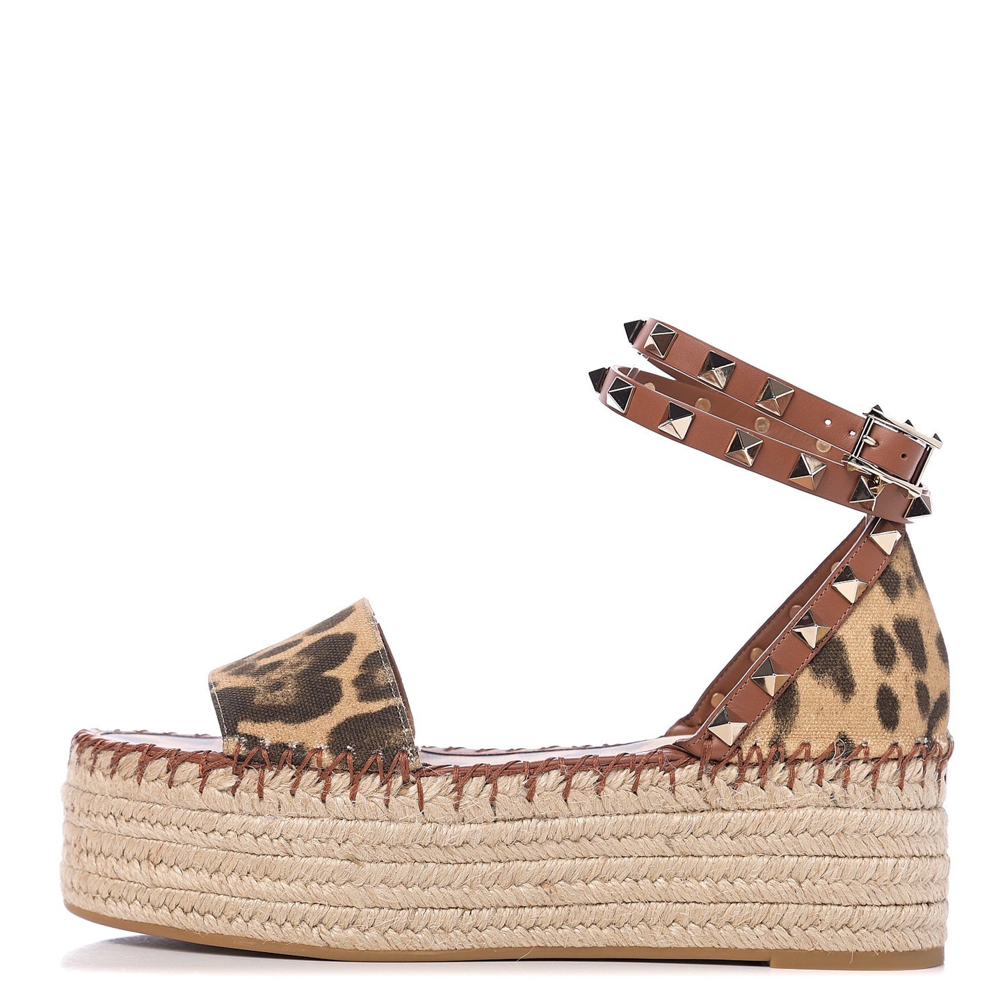 Canvas Leopard Print Rockstud Ankle Wrap Espadrille Flatform Sandals 35 Brown