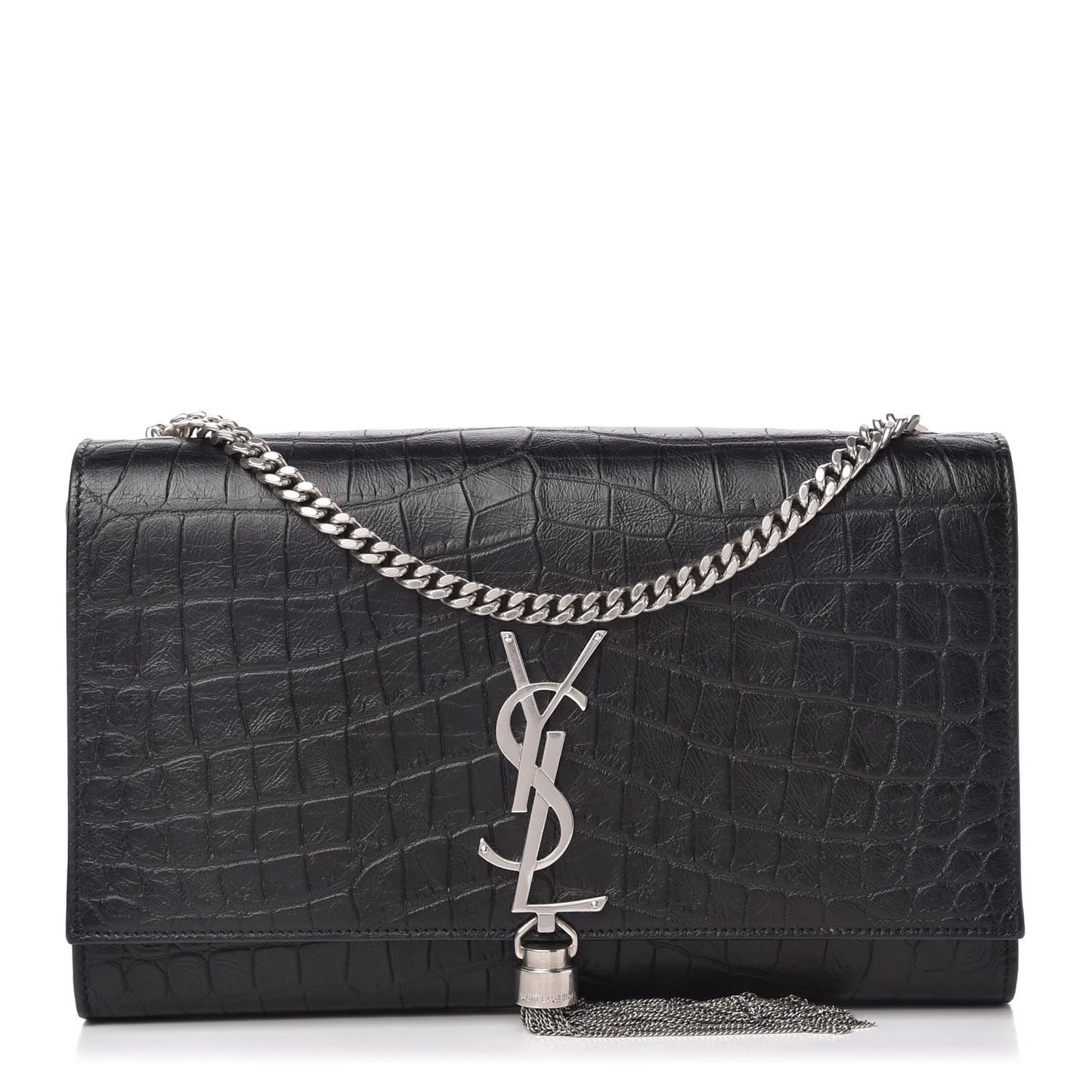 Calfskin Crocodile Embossed Medium Classic Monogram Kate Tassel Satchel Black