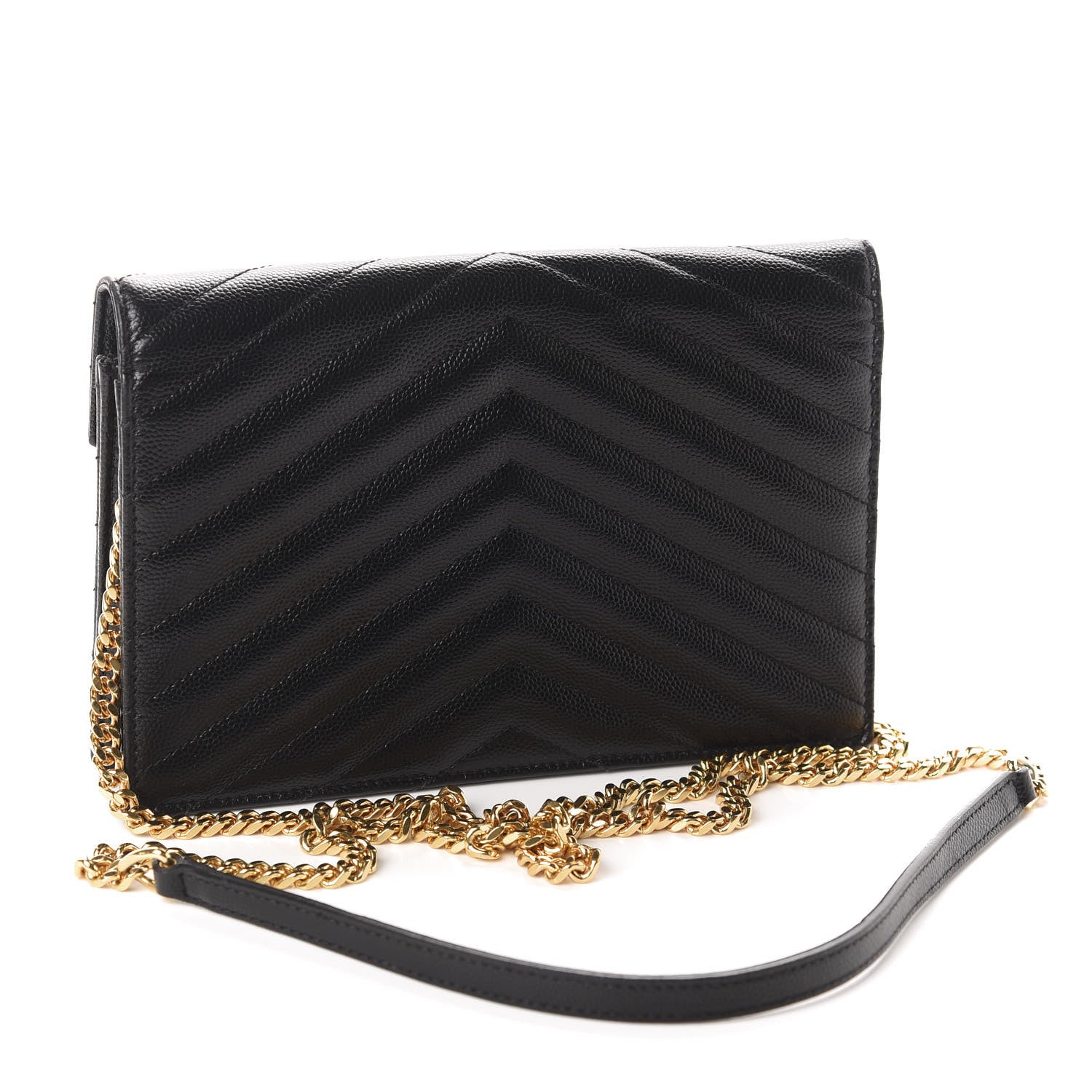 Saint Laurent Grain De Poudre Matelasse Chevron Monogram Envelope Chain Wallet Black 3 of 10