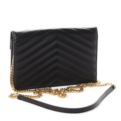 Saint Laurent Grain De Poudre Matelasse Chevron Monogram Envelope Chain Wallet Black 3 of 10