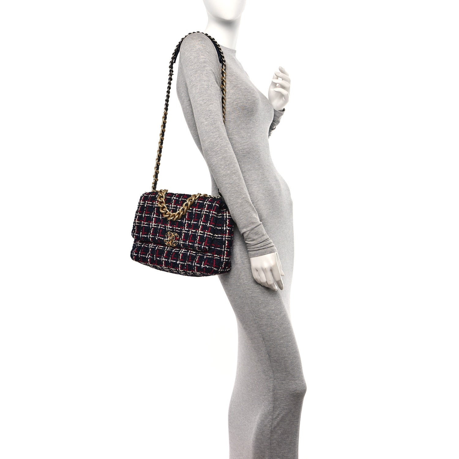 Chanel Tweed Quilted Large Chanel 19 Flap Navy Blue White Red 2 of 10