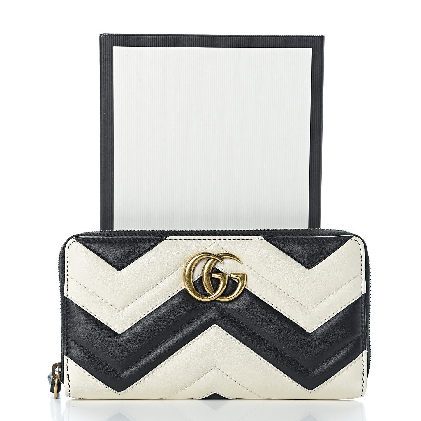 Calfskin Matelasse GG Marmont Zip Around Wallet Black White