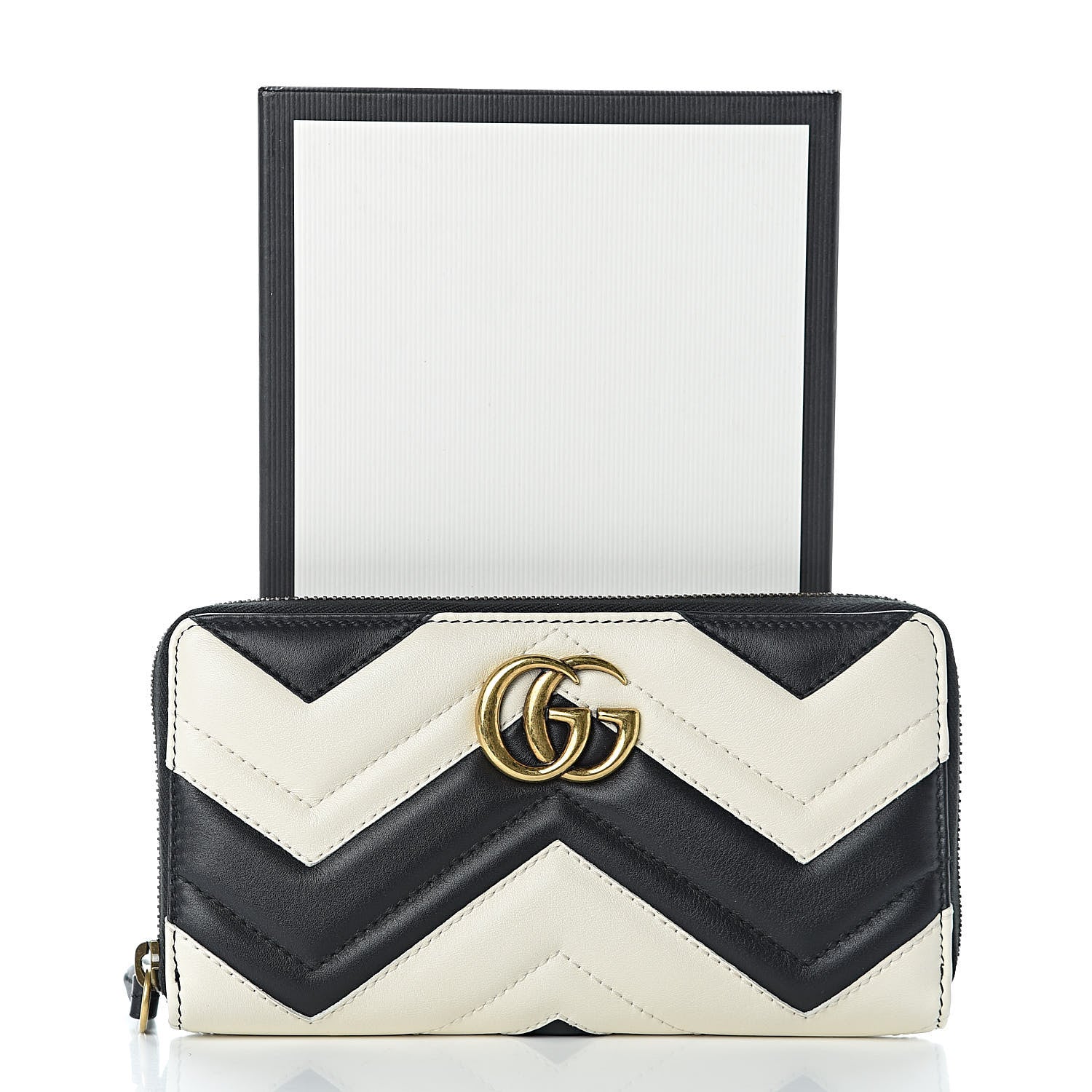 Gucci Calfskin Matelasse GG Marmont Zip Around Wallet Black White 7 of 7