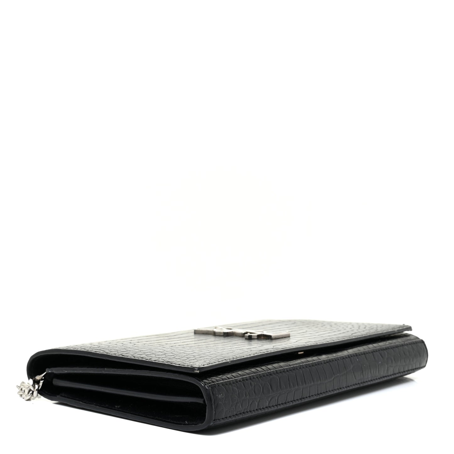 Calfskin Crocodile Embossed Monogram Chain Wallet Black