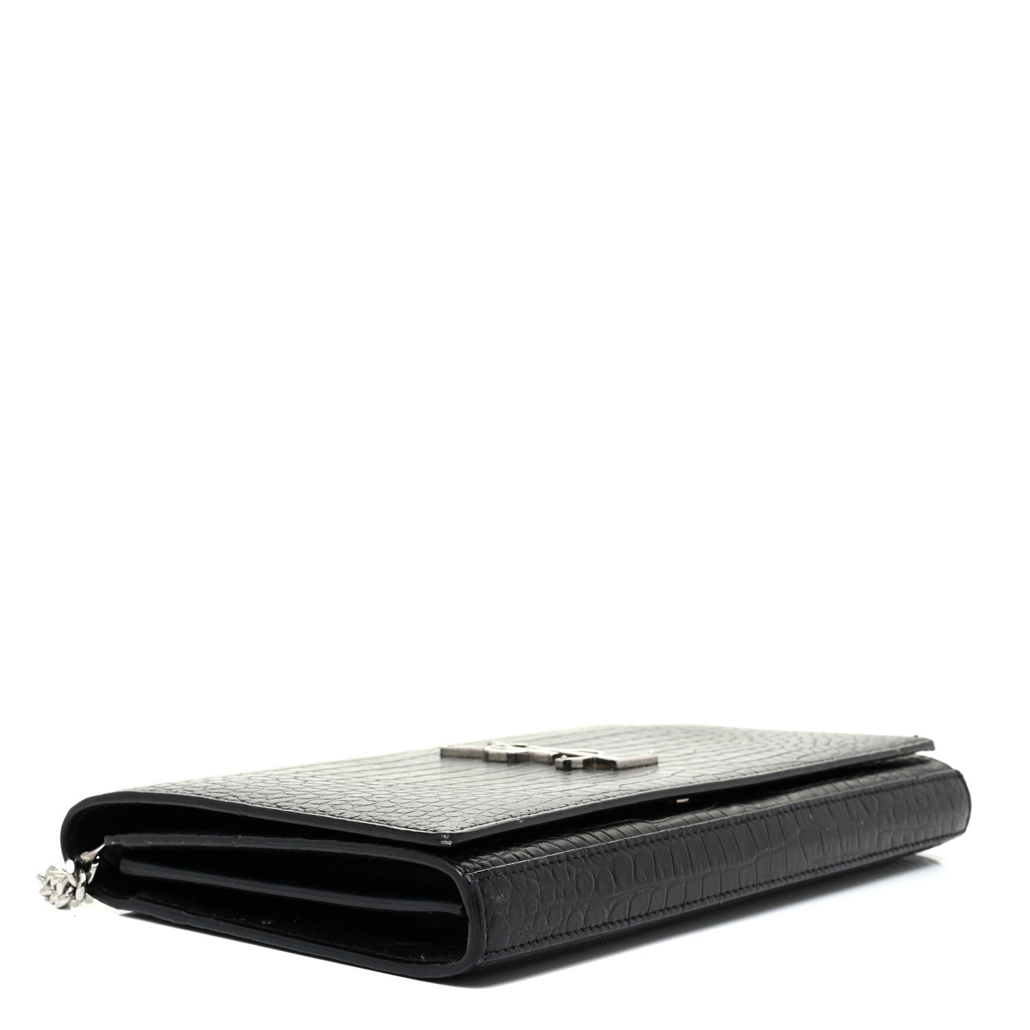 Saint Laurent Calfskin Crocodile Embossed Monogram Chain Wallet Black 4 of 16
