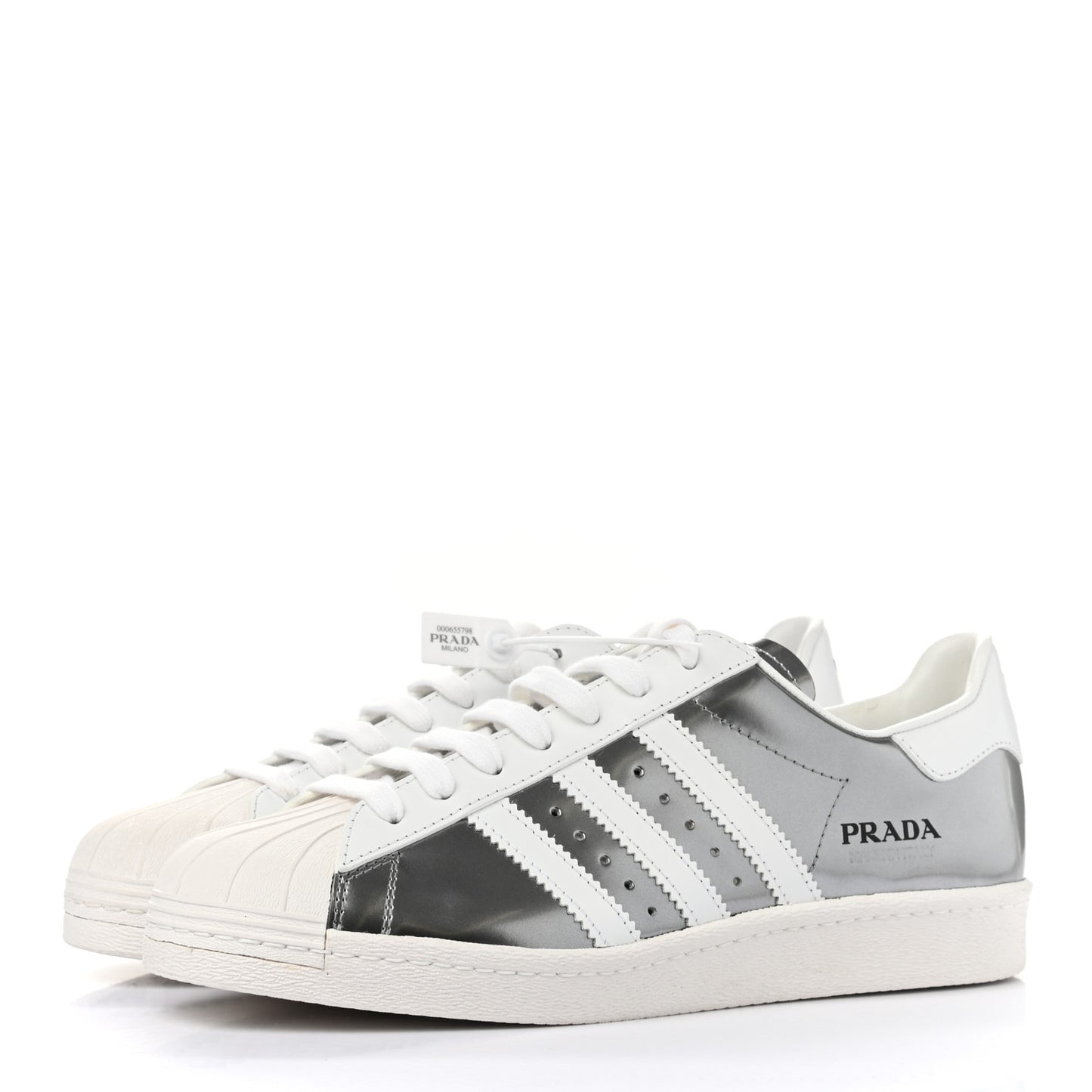Prada X ADIDAS Brushed Calfskin Logo Mens Superstar Sneakers 8.5 Silver  White 1035315 – FASHIONPHILE
