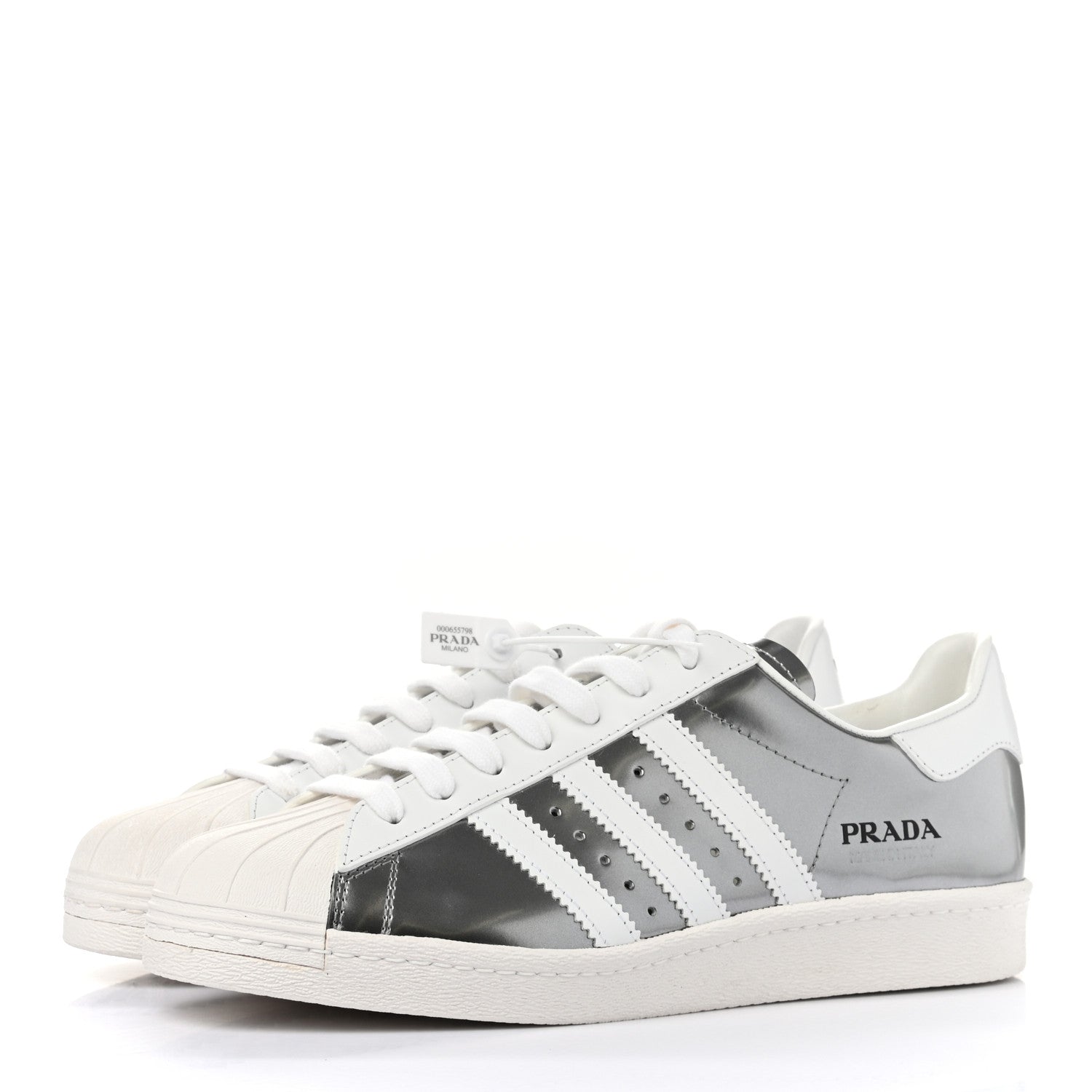 Prada X ADIDAS Brushed Calfskin Logo Mens Superstar Sneakers 8.5 Silver White 3 of 9