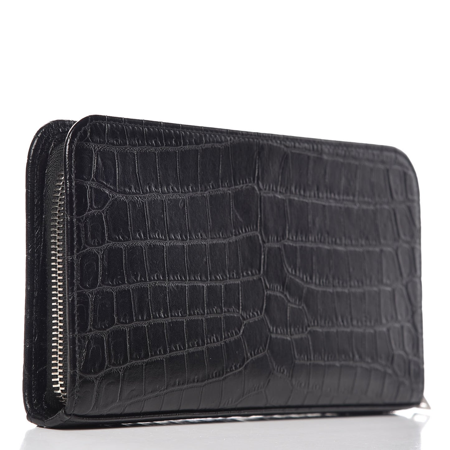 Calfskin Crocodile Embossed Mens Zip Around Continental Wallet Black