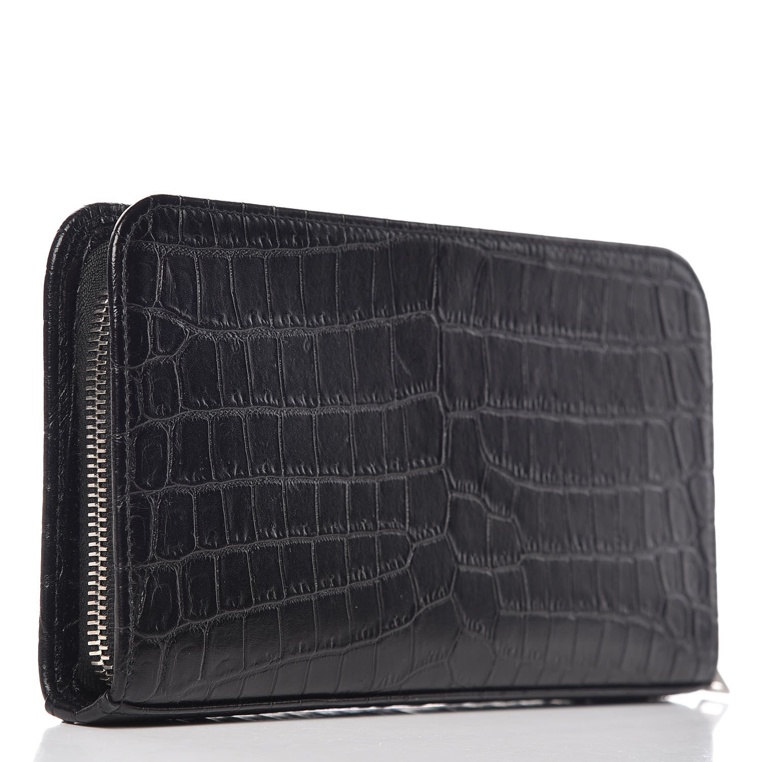 Saint Laurent Calfskin Crocodile Embossed Mens Zip Around Continental Wallet Black 3 of 13