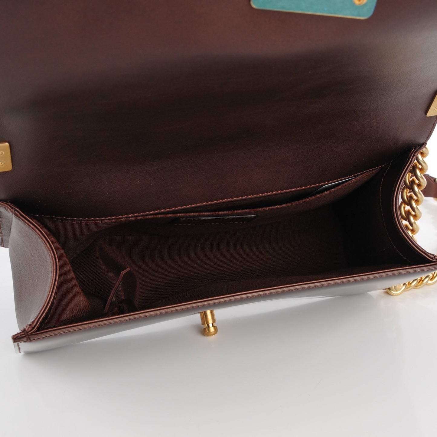 Metallic Patent Calfskin Medium Boy Flap Brown
