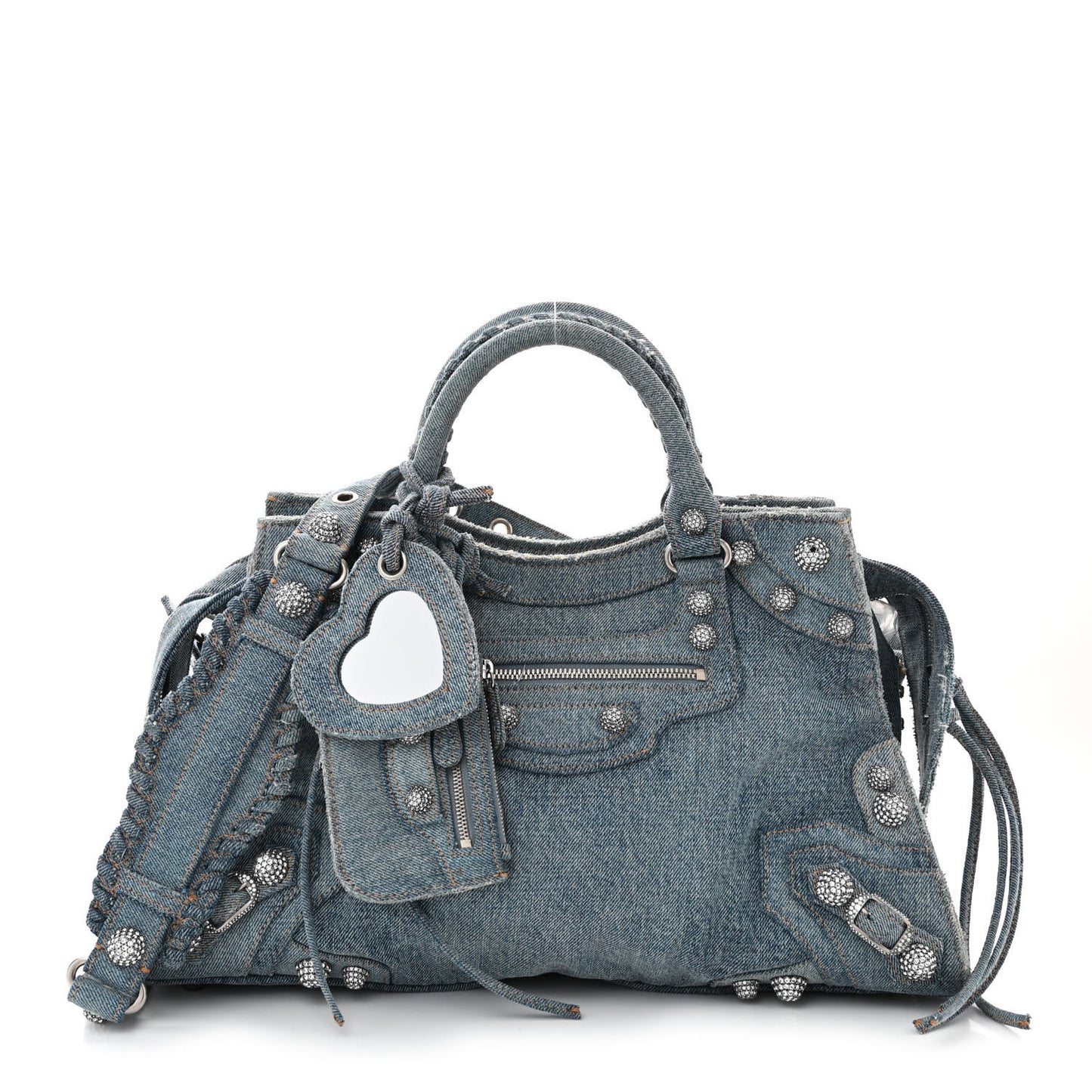 Washed Frayed Denim Crystal Neo Cagole City Handbag Blue