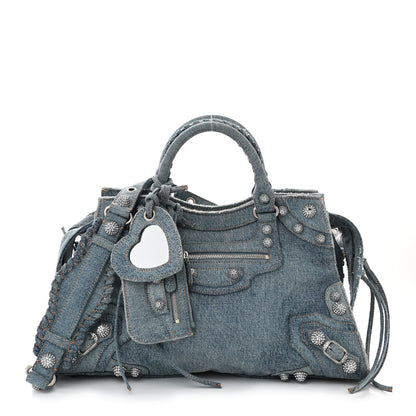 Balenciaga Washed Frayed Denim Crystal Neo Cagole City Handbag Blue 1 of 11