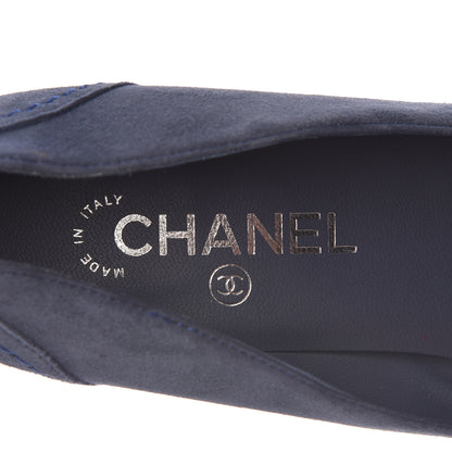 Chanel Suede Lambskin Cap Toe Chain Wedge Pumps 39 Blue 7 of 8