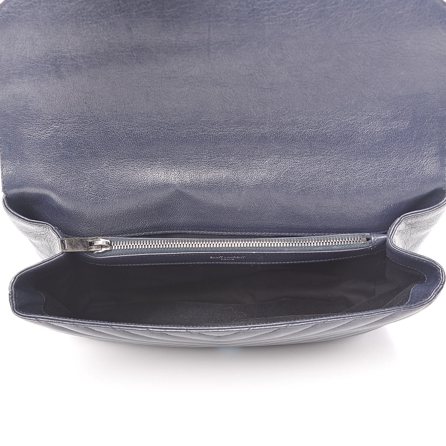 Sheepskin Matelasse Chevron Monogram Large College Satchel Navy Blue