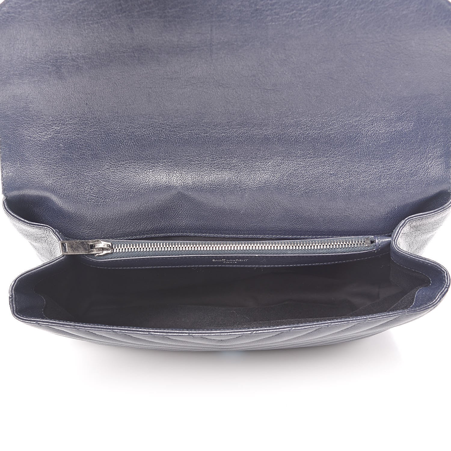 Saint Laurent Sheepskin Matelasse Chevron Monogram Large College Satchel Navy Blue 5 of 19