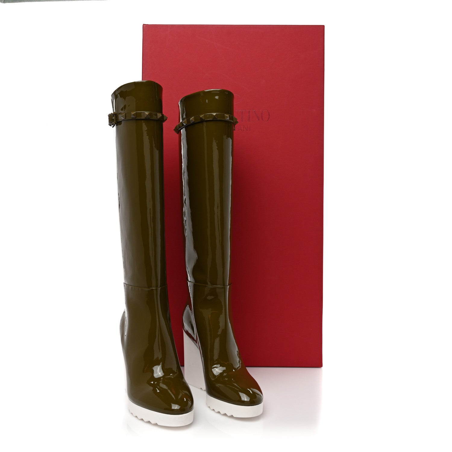 Valentino Garavani Patent Rockstud Knee High 15/100mm Wedge Boots 36 Lichen White 10 of 10