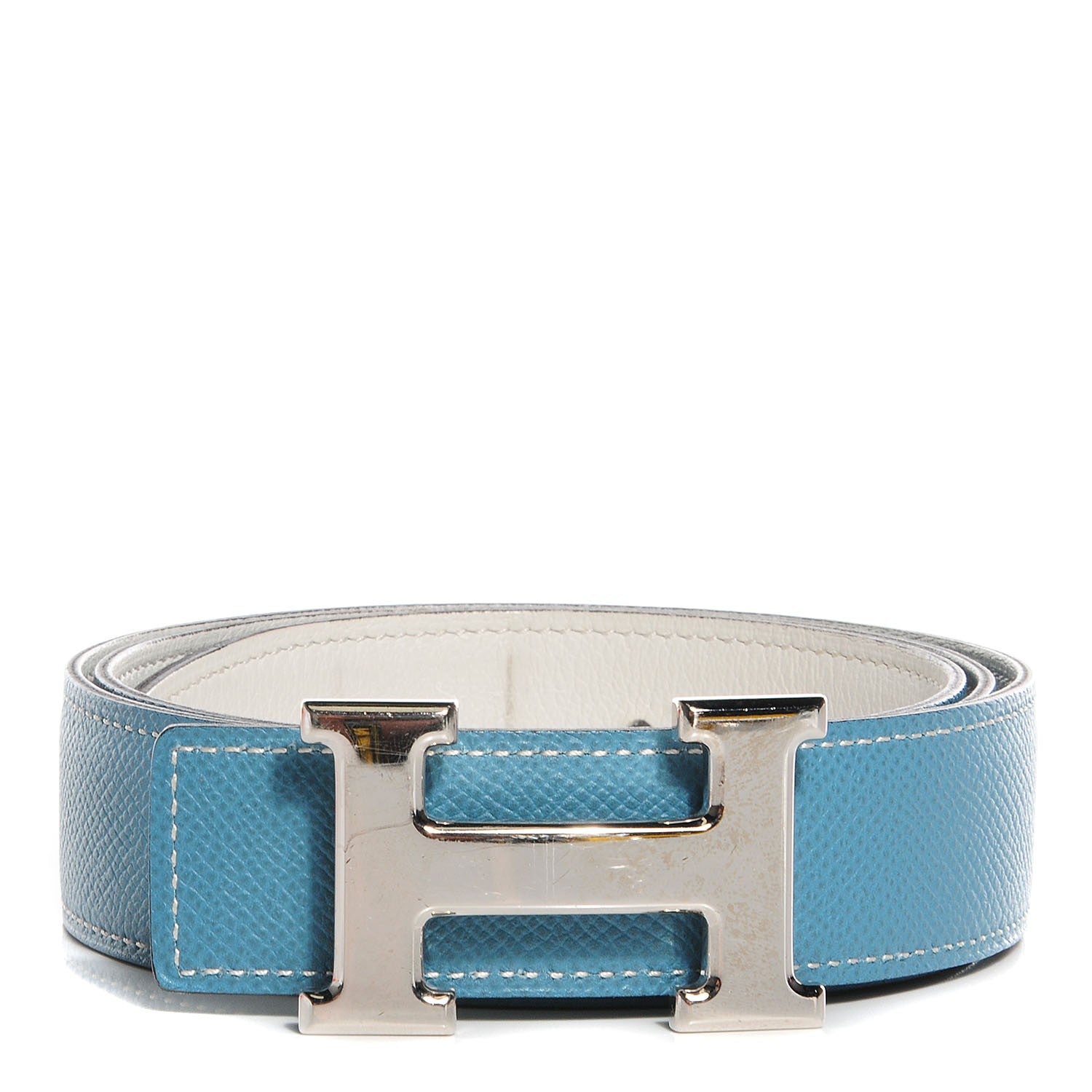 Hermes Swift Epsom 32mm H Belt 85 Blanc Blue Jean 1 of 3