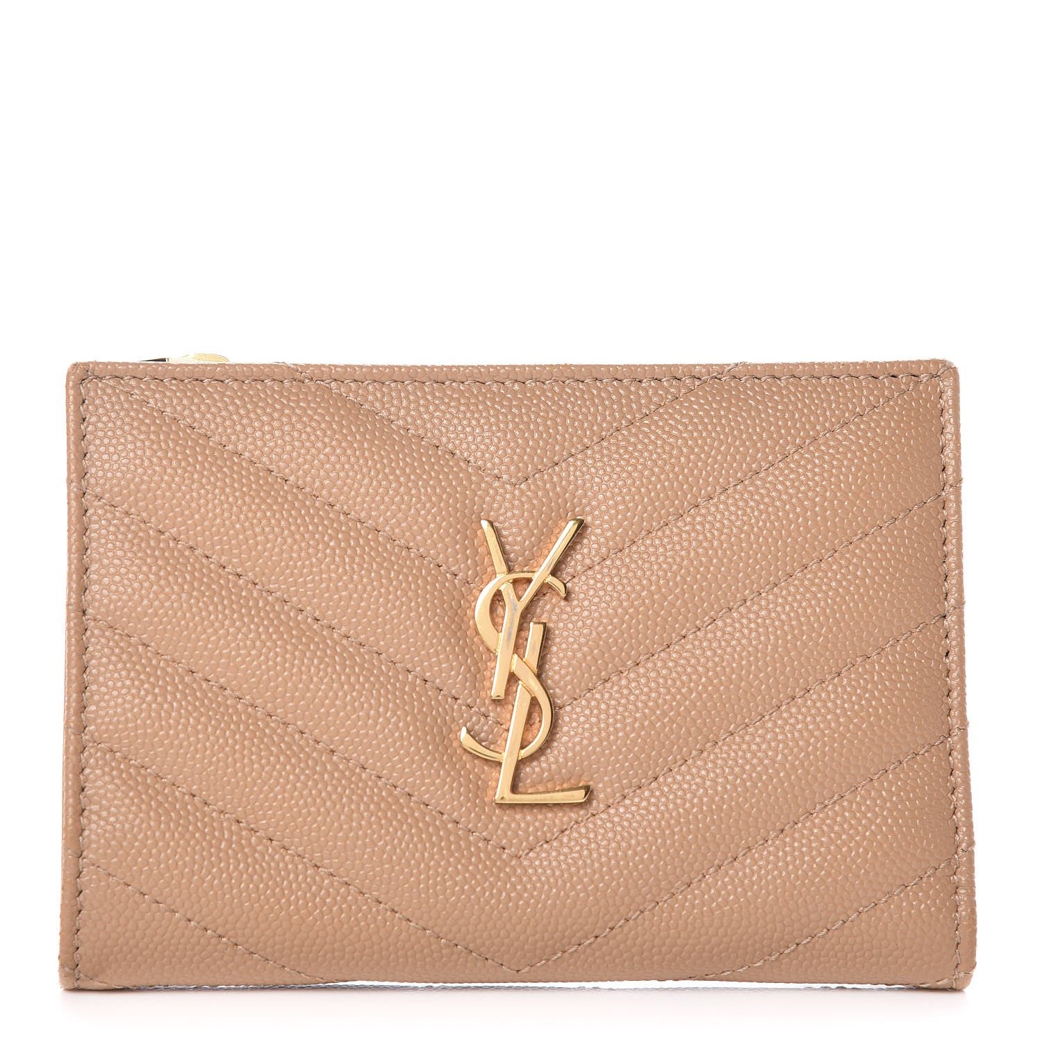 Saint Laurent Grain De Poudre Matelasse Chevron Monogram Zipped Two-Part Wallet Cork 1 of 9