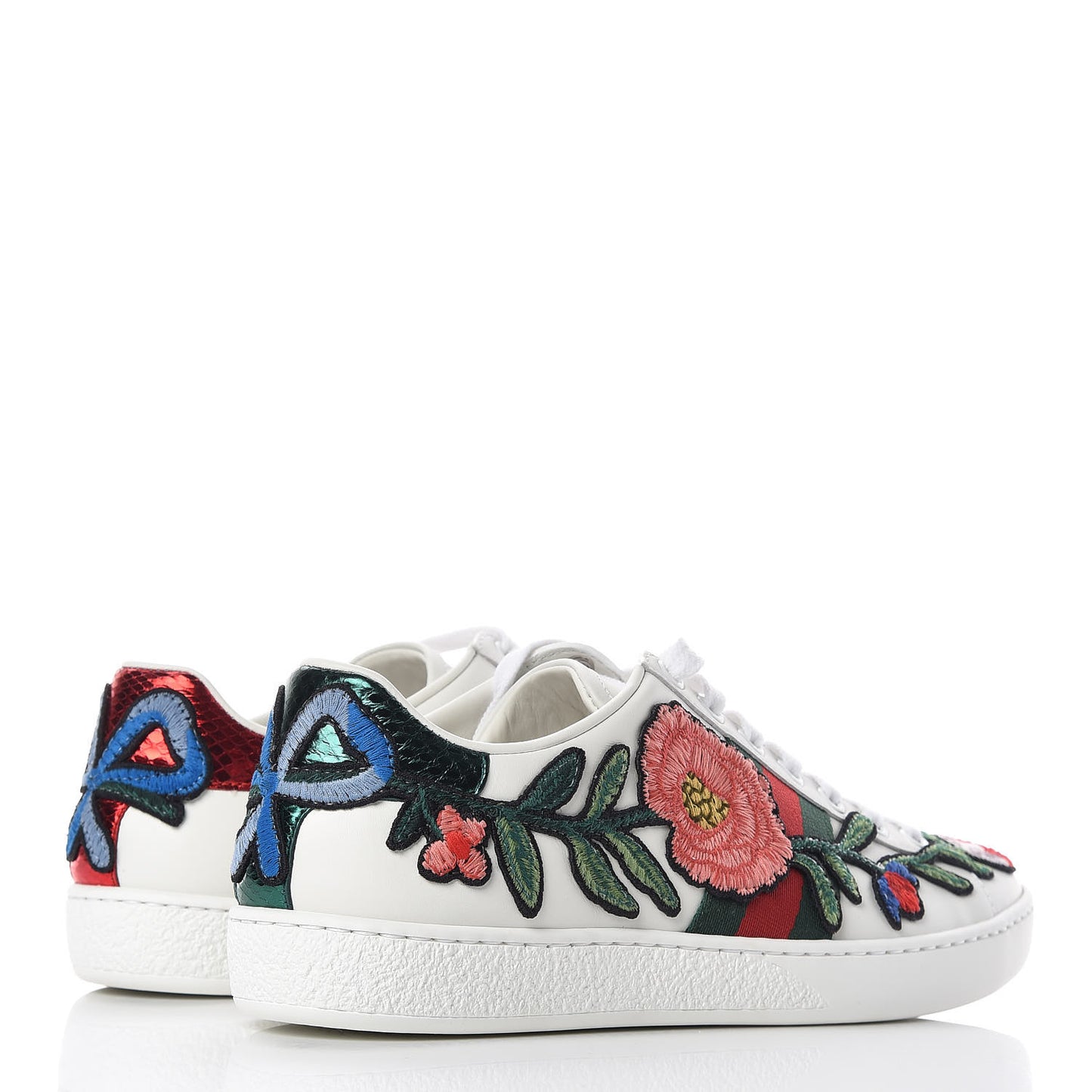 Calfskin Web Floral Embroidered Womens Ace Sneakers 35.5 White