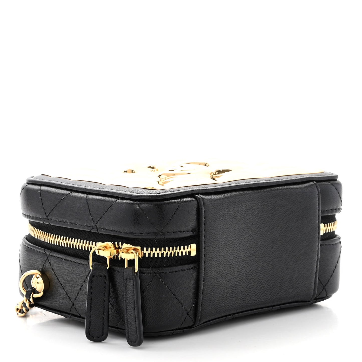 Lambskin Metal Quilted Mini Vanity Case With Chain Black Gold