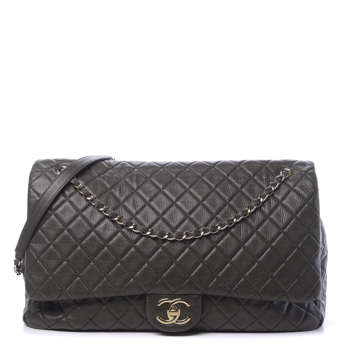 Metallized Calfskin Quilted XXL Travel Flap Bag Khaki