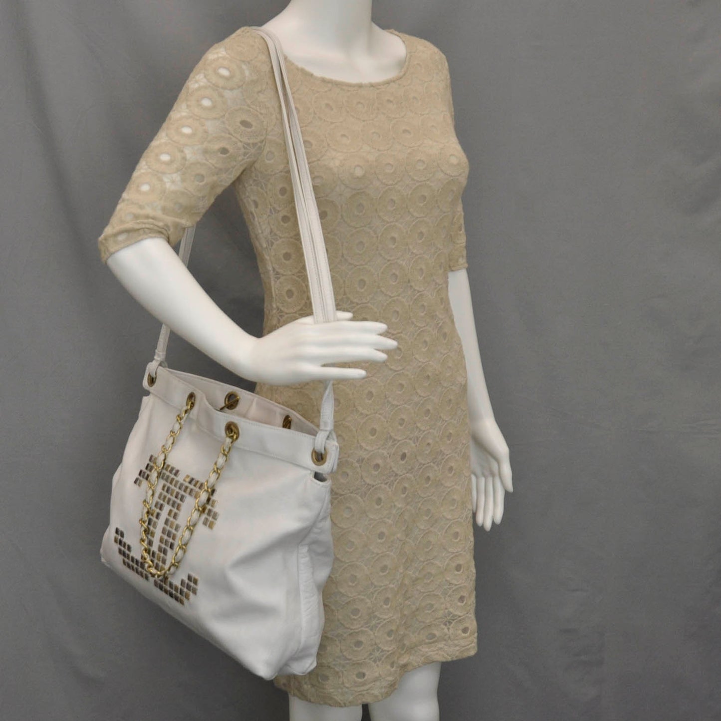 Leather Metal Mosaic Shoulder Bag White