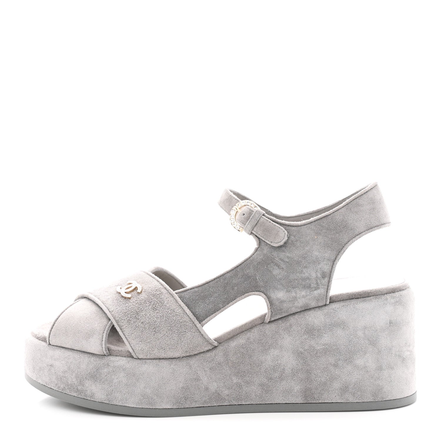 Chanel Suede Calfskin Peep Toe Wedge Sandals 40.5 Grey 1 of 9