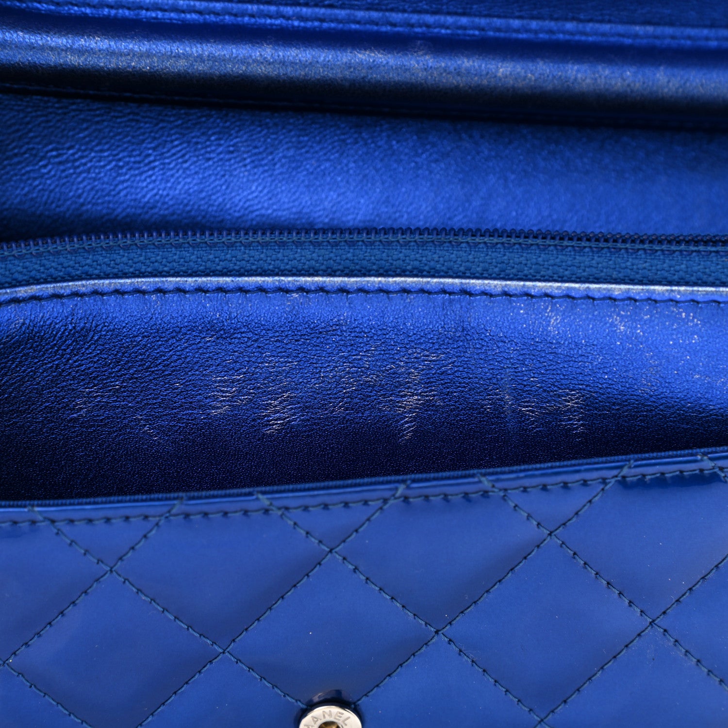 Chanel Metallic Patent Calfskin Quilted Boy Wallet On Chain WOC Blue 10 of 16
