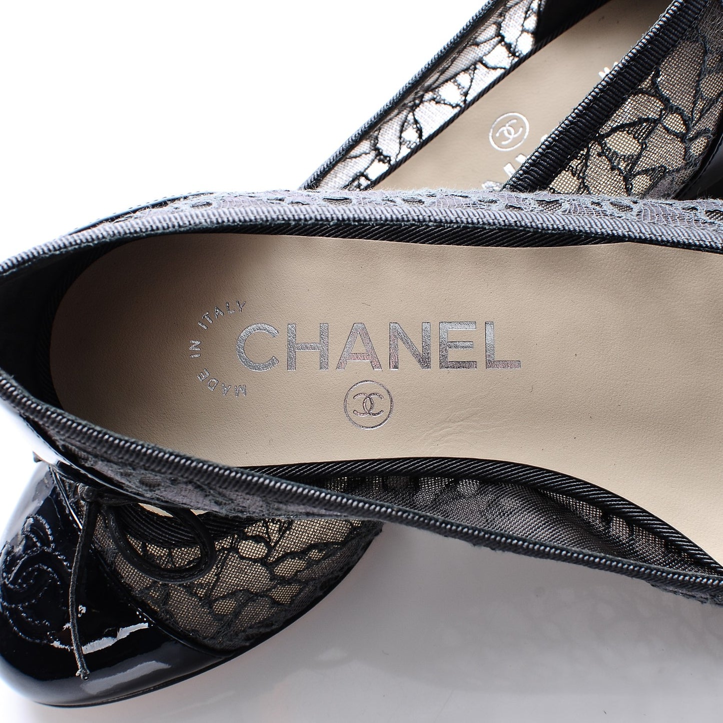 Lace Patent Calfskin Cap Toe CC Ballerina Flats 36.5 Dark Grey Navy