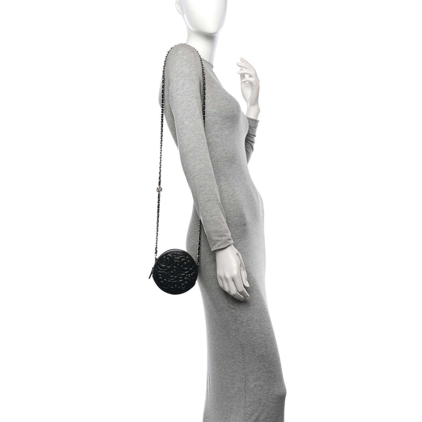 Caviar Camellia Embossed Round Clutch With Chain Black