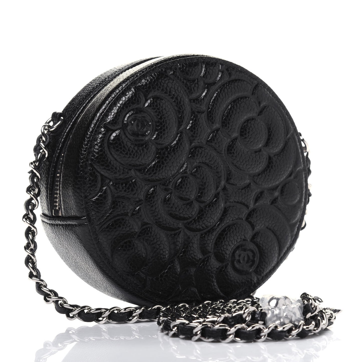 Caviar Camellia Embossed Round Clutch With Chain Black