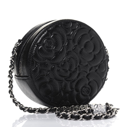 Chanel Caviar Camellia Embossed Round Clutch With Chain Black 3 of 13