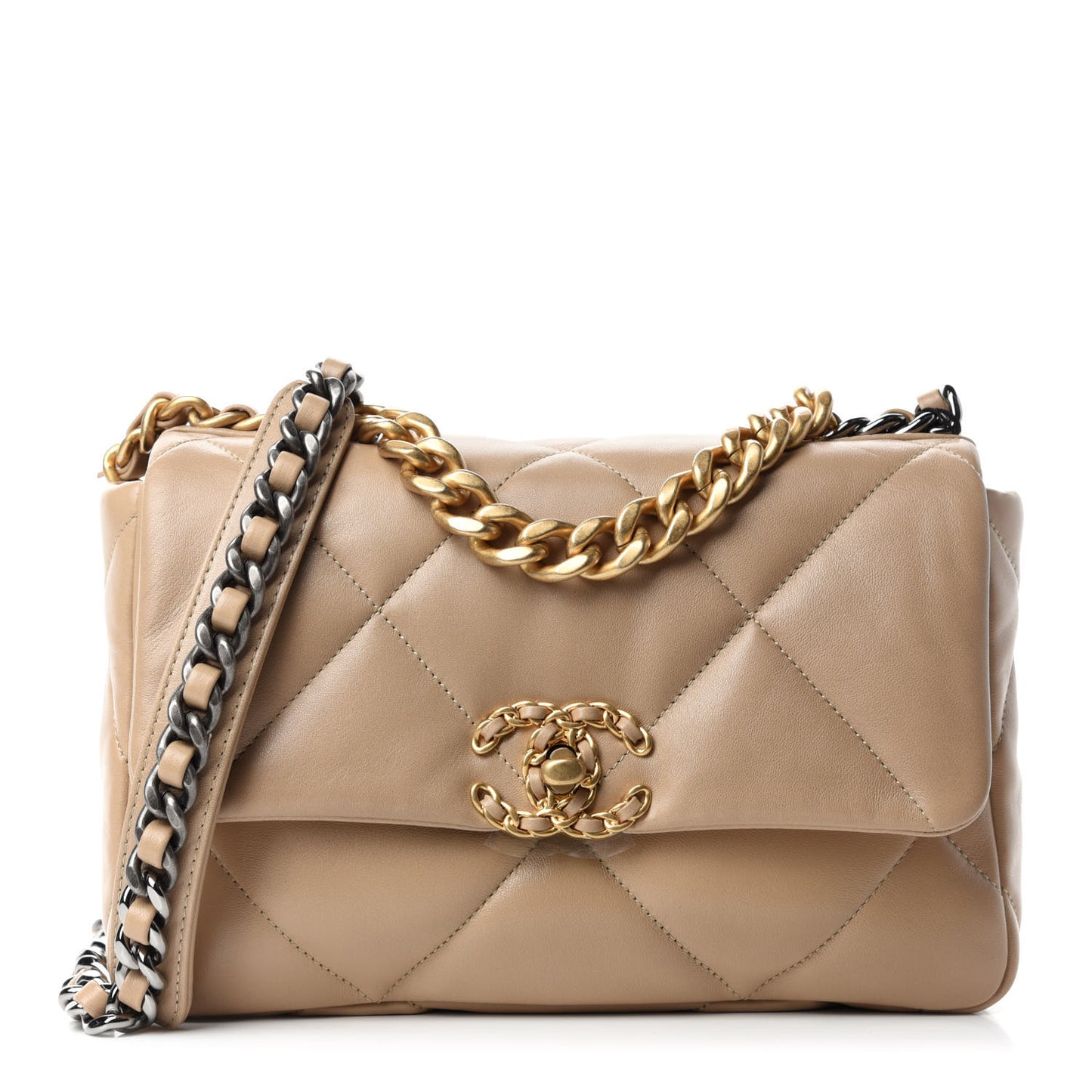 Lambskin Quilted Medium Chanel 19 Flap Dark Beige