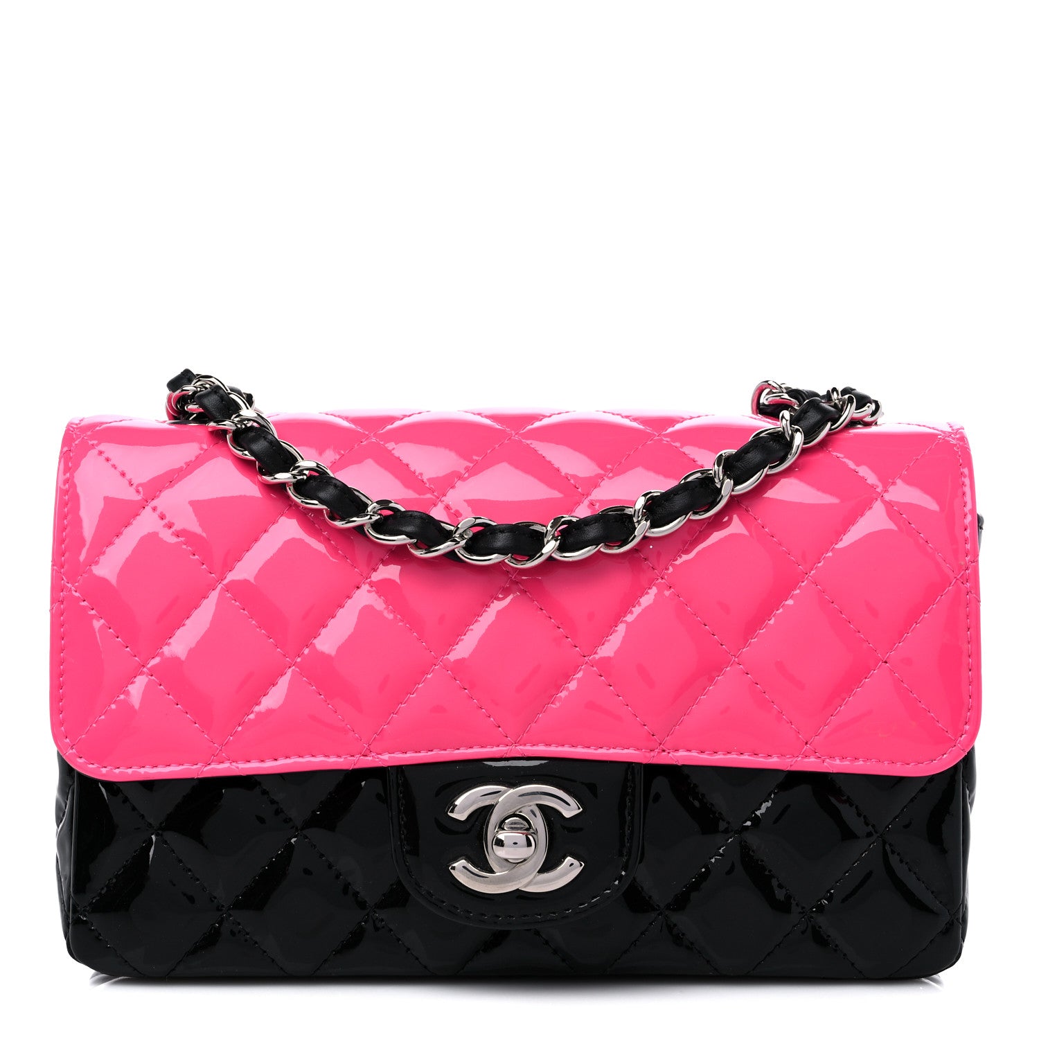 Chanel Patent Calfskin Quilted Bi-Color Mini Rectangular Flap Pink Black 1 of 11