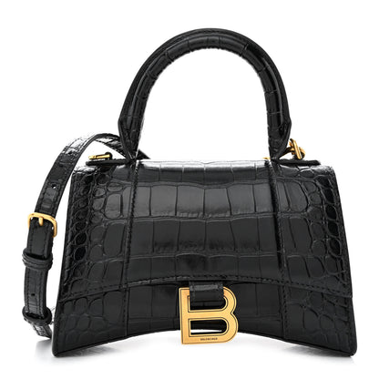 Balenciaga Shiny Calfskin Crocodile Embossed Hourglass Top Handle Bag XS Black 1 of 9
