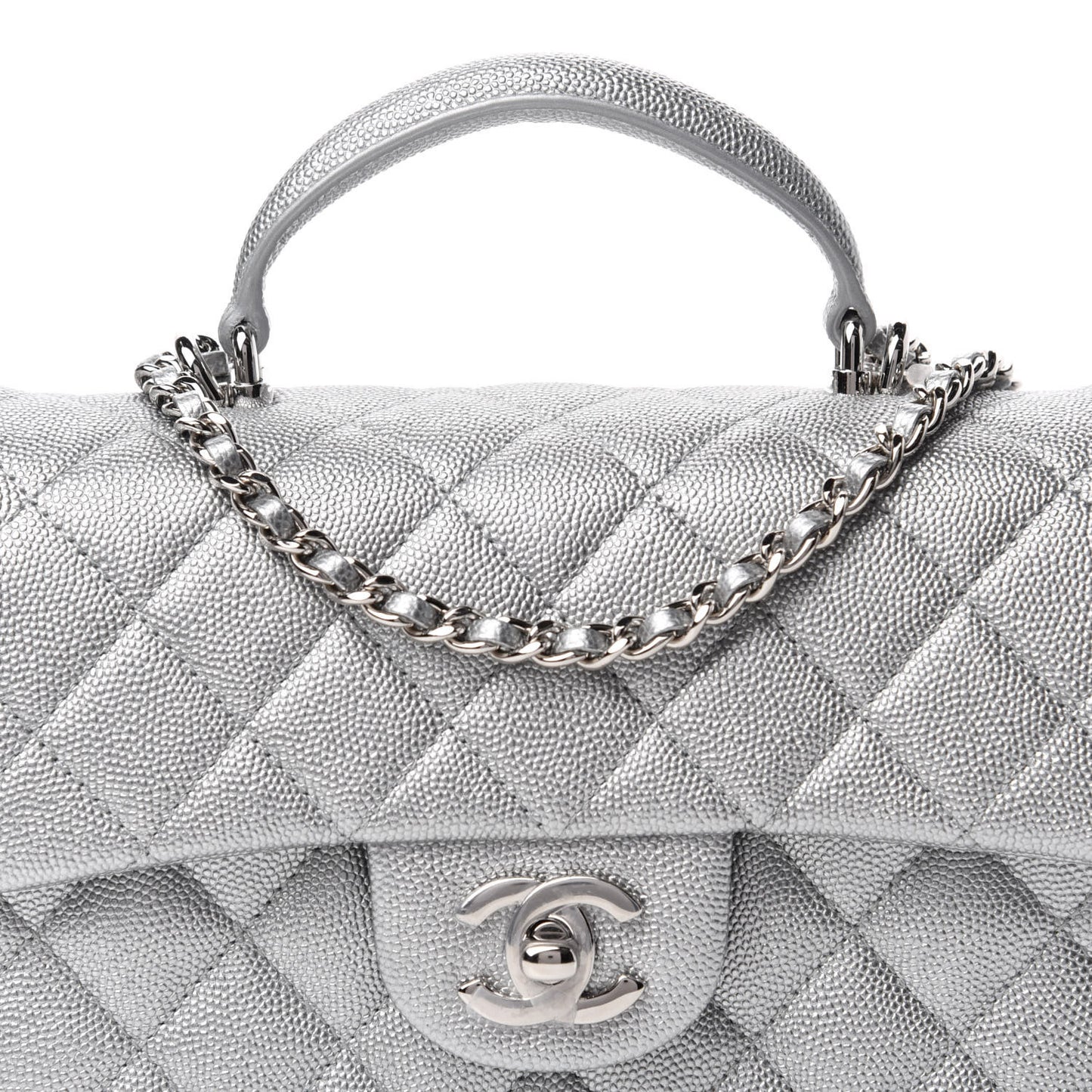 Metallic Caviar Quilted Mini Top Handle Rectangular Flap Silver