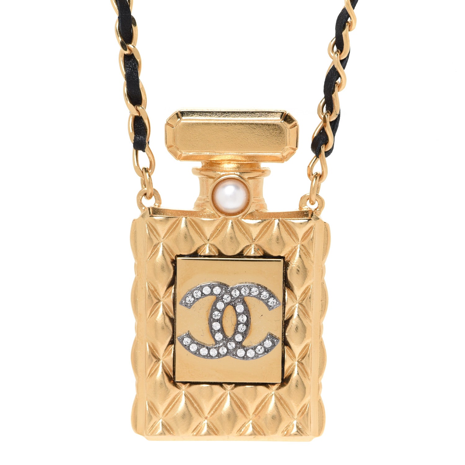 Chanel Crystal Pearl Perfume Bottle CC Necklace Black Gold 4 of 6