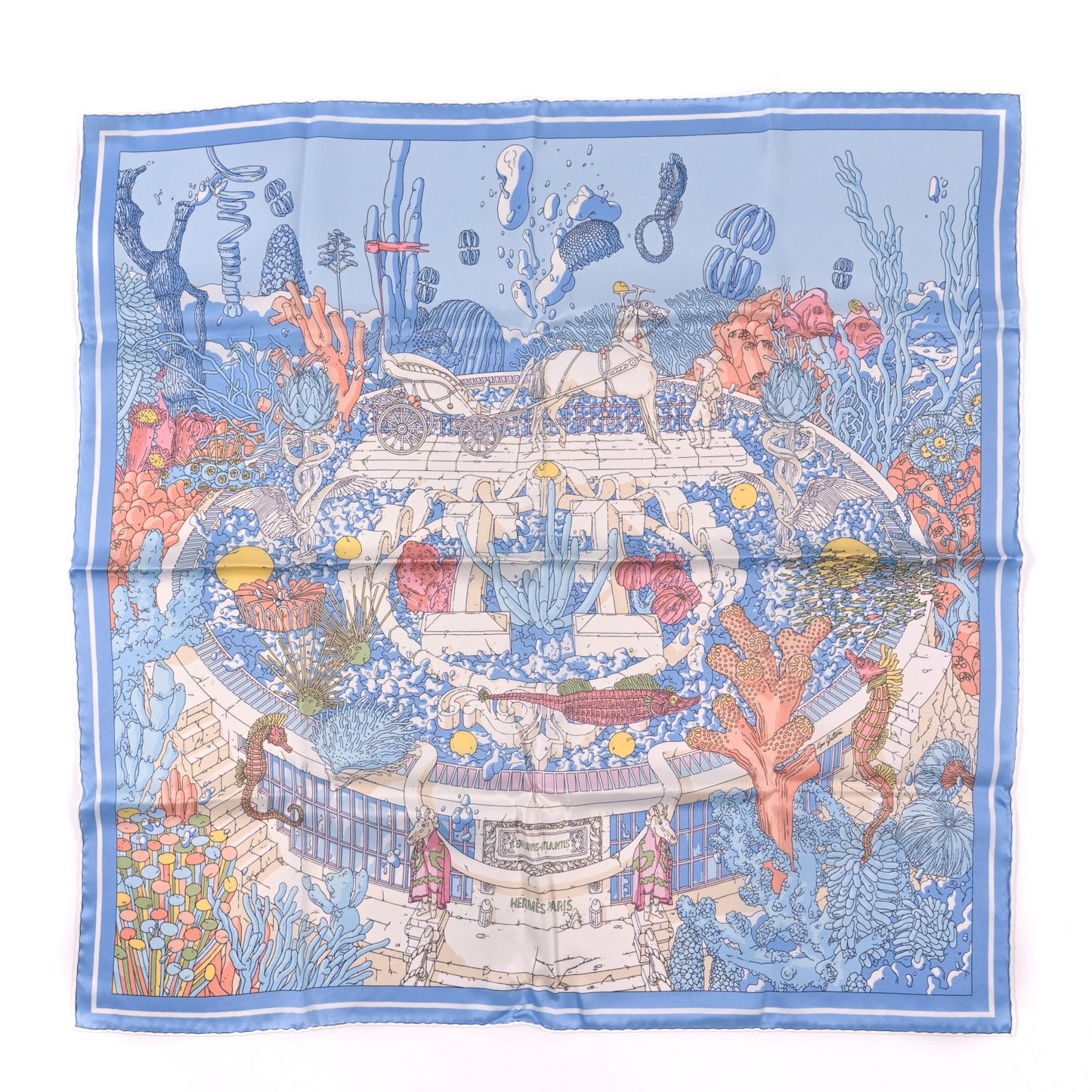 Vintage Silk Ex Libris Atlantis Scarf 70 Bleu Ciel Rose Jaune