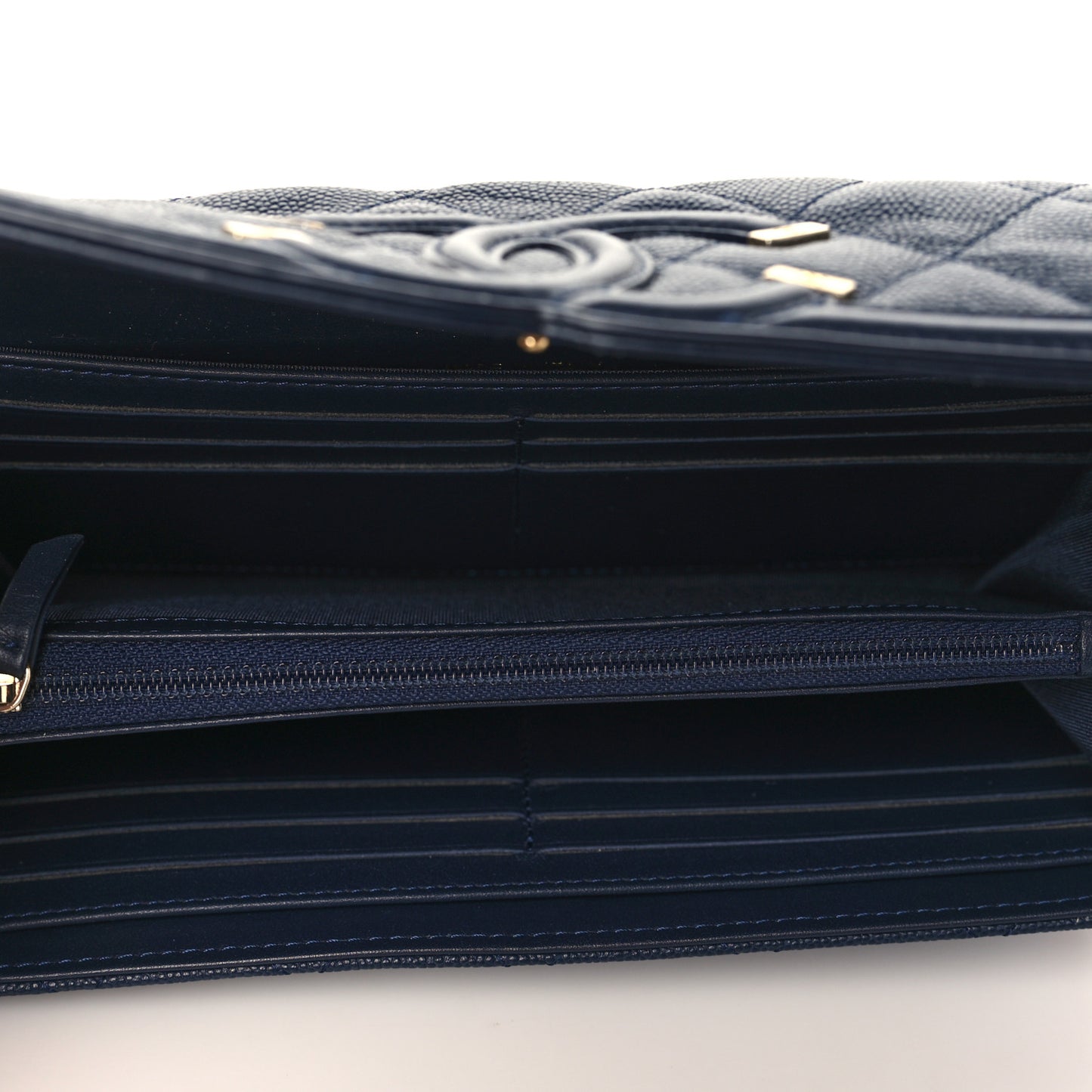 Caviar Quilted Filigree Large Gusset Flap Wallet Navy