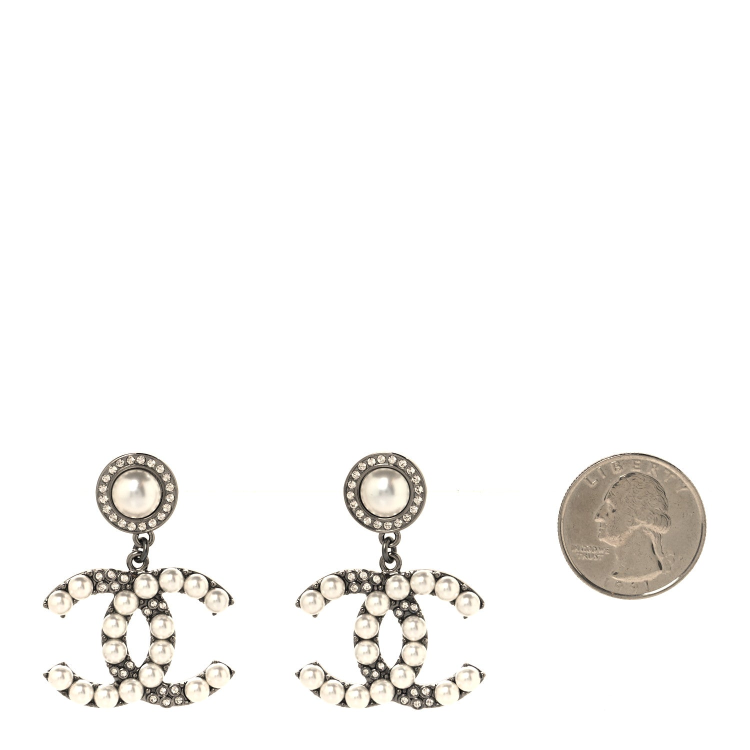 Chanel Pearl Crystal CC Drop Earrings Silver 2 of 4