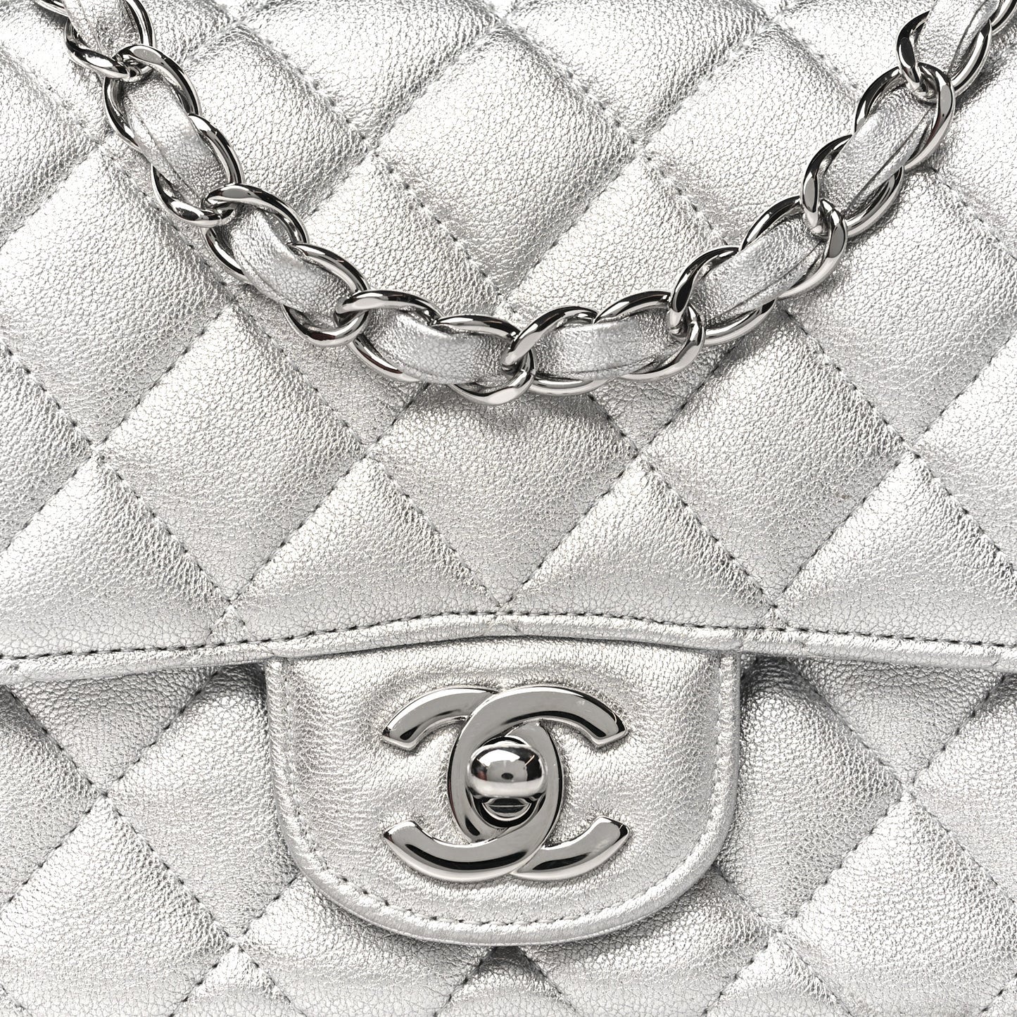 Metallic Lambskin Quilted Mini Square Flap Silver