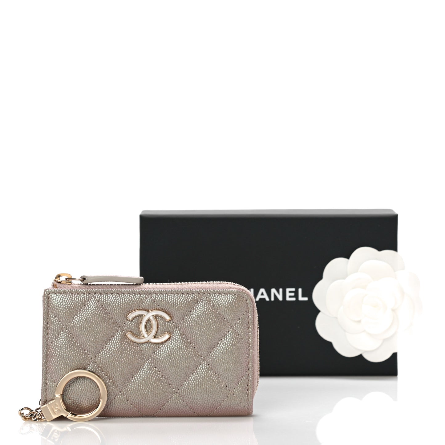 Iridescent Caviar Quilted Zipped Key Holder Case Beige