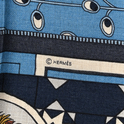 Hermes Cashmere Silk La Danse Des Amazones Shawl 140 Bleu Gris Vert 5 of 6