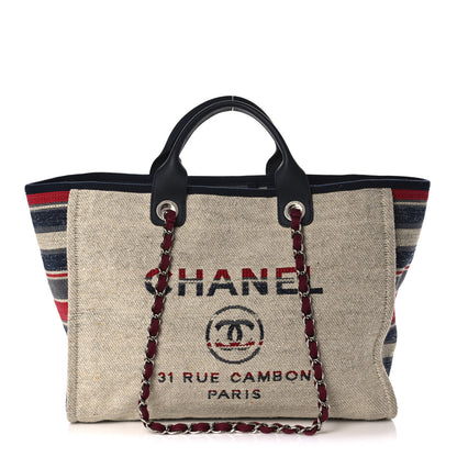 Chanel Striped Canvas Medium Deauville Tote Beige 1 of 10