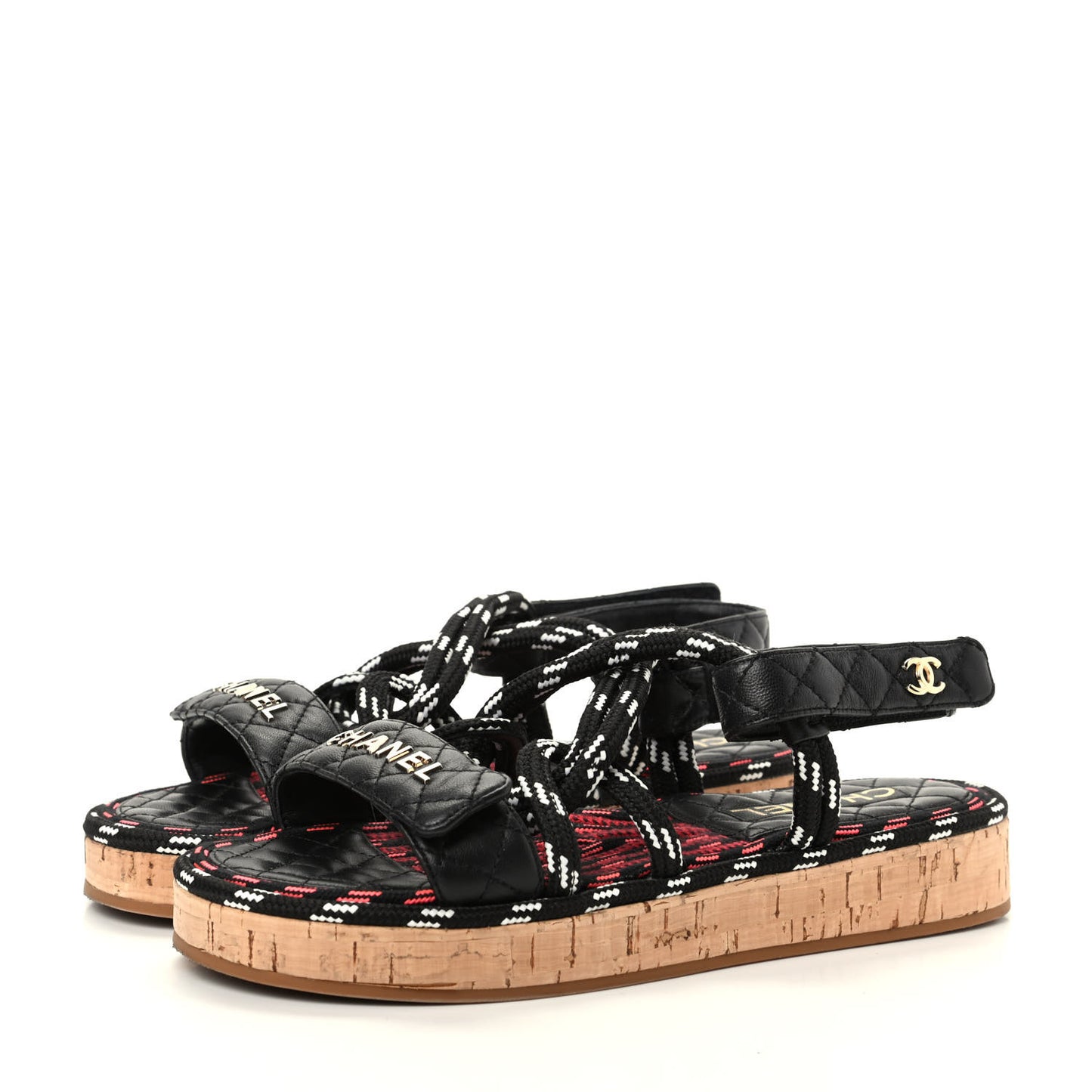 Cord Lambskin Quilted Logo Sandals 39 Black White