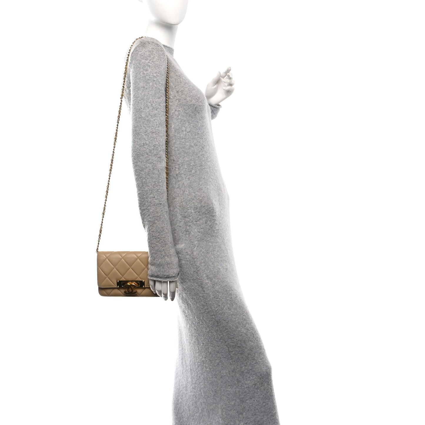 Lambskin Quilted Golden Class Wallet on Chain WOC Beige