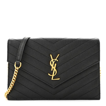 Saint Laurent Grain De Poudre Matelasse Chevron Monogram Envelope Chain Wallet Black 1 of 11