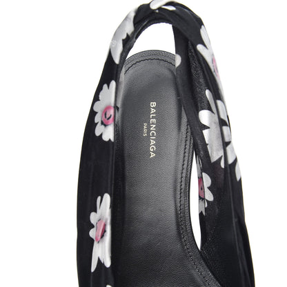 Balenciaga Satin Floral Print Knife Pointy Toe Slingback Flats 39.5 Black 6 of 9